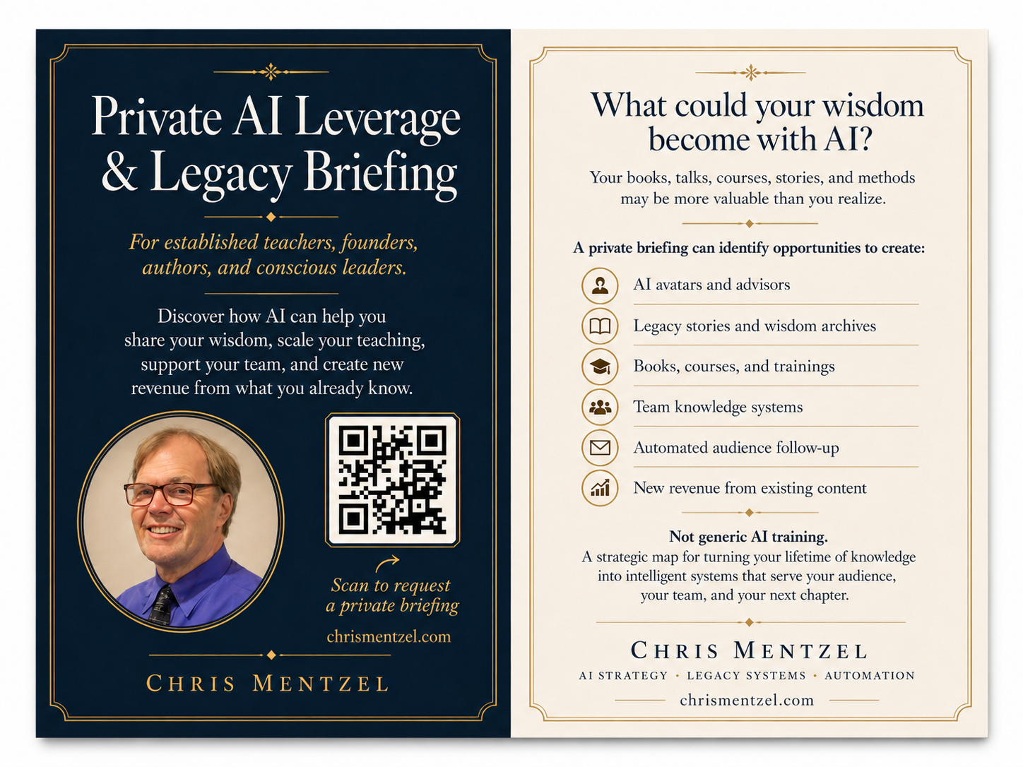 Double-sided AI Leverage and Legacy briefing card mockup